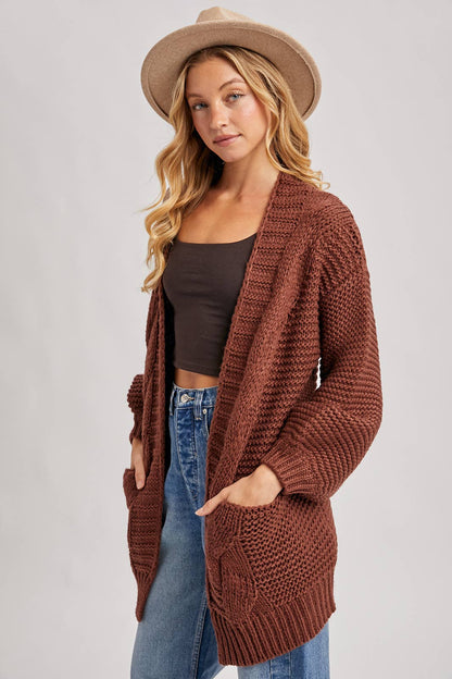 CHUNKY CABLE LANTERN SLEEVE CARDIGAN