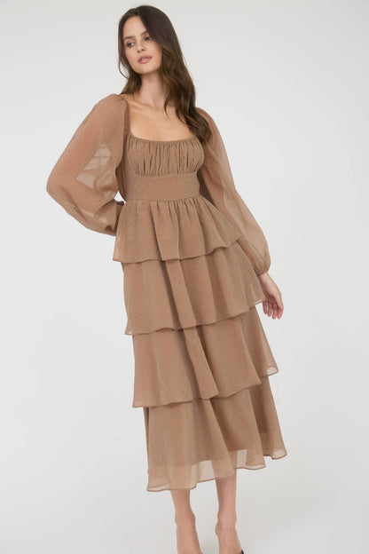 LUREX RUFFLE TIERED LONG SLEEVE MIDI DRESS