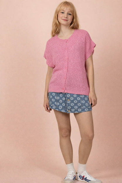 12W3653N-Button Down Solid Knit Summer Sweater Top
