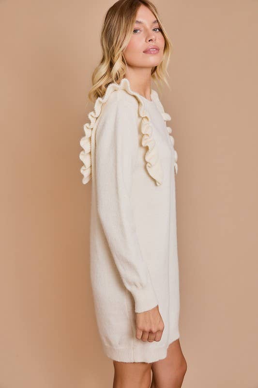 Long Sleeve Ruffle Detail Mini Sweater Dress