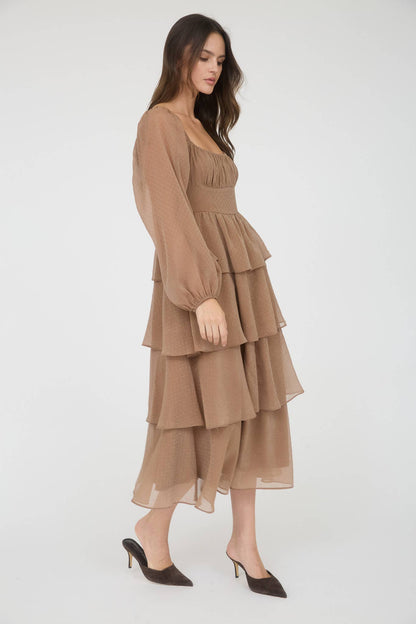 LUREX RUFFLE TIERED LONG SLEEVE MIDI DRESS