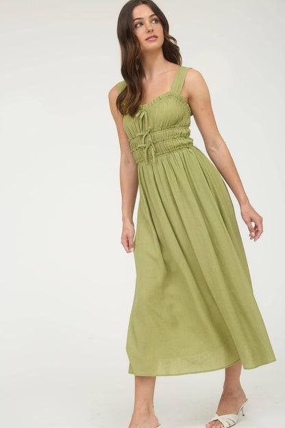 SHIRRED FRONT TIE DETAIL SLEEVELESS MIDI DRESS