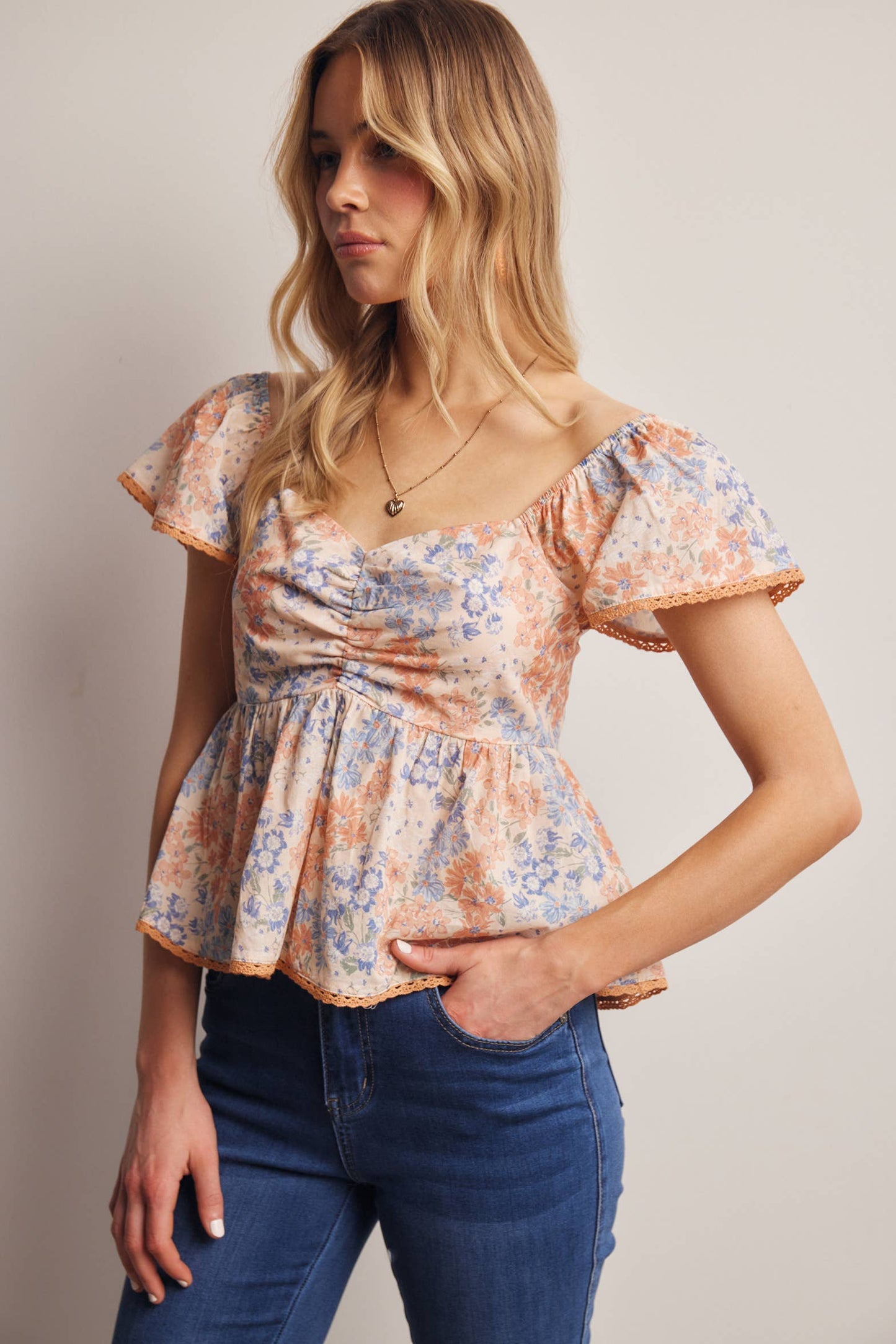 Floral Ruched Peplum Cotton Top FT0046