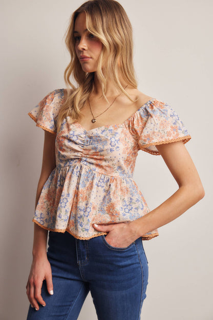 Floral Ruched Peplum Cotton Top FT0046