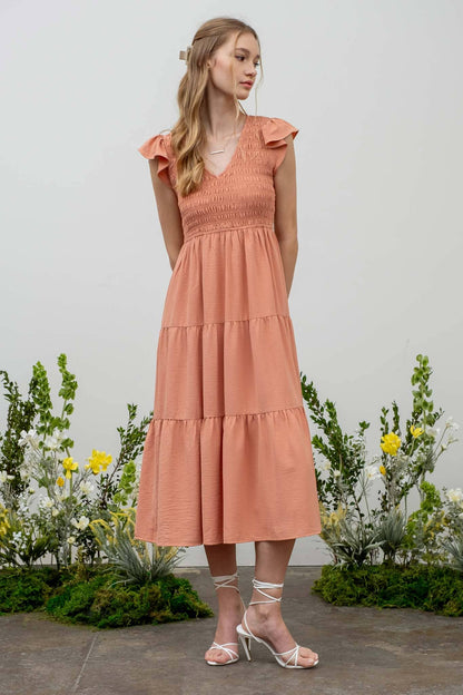 FLUTTER SLEEVE MAXI DRESS: KHAKI