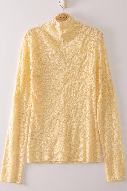 NT12220-High Neck Fitted Sheer Mesh Lace Knit Top