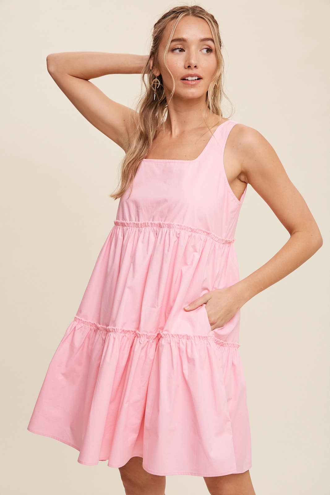 Tiered Square Neck Poplin Dress