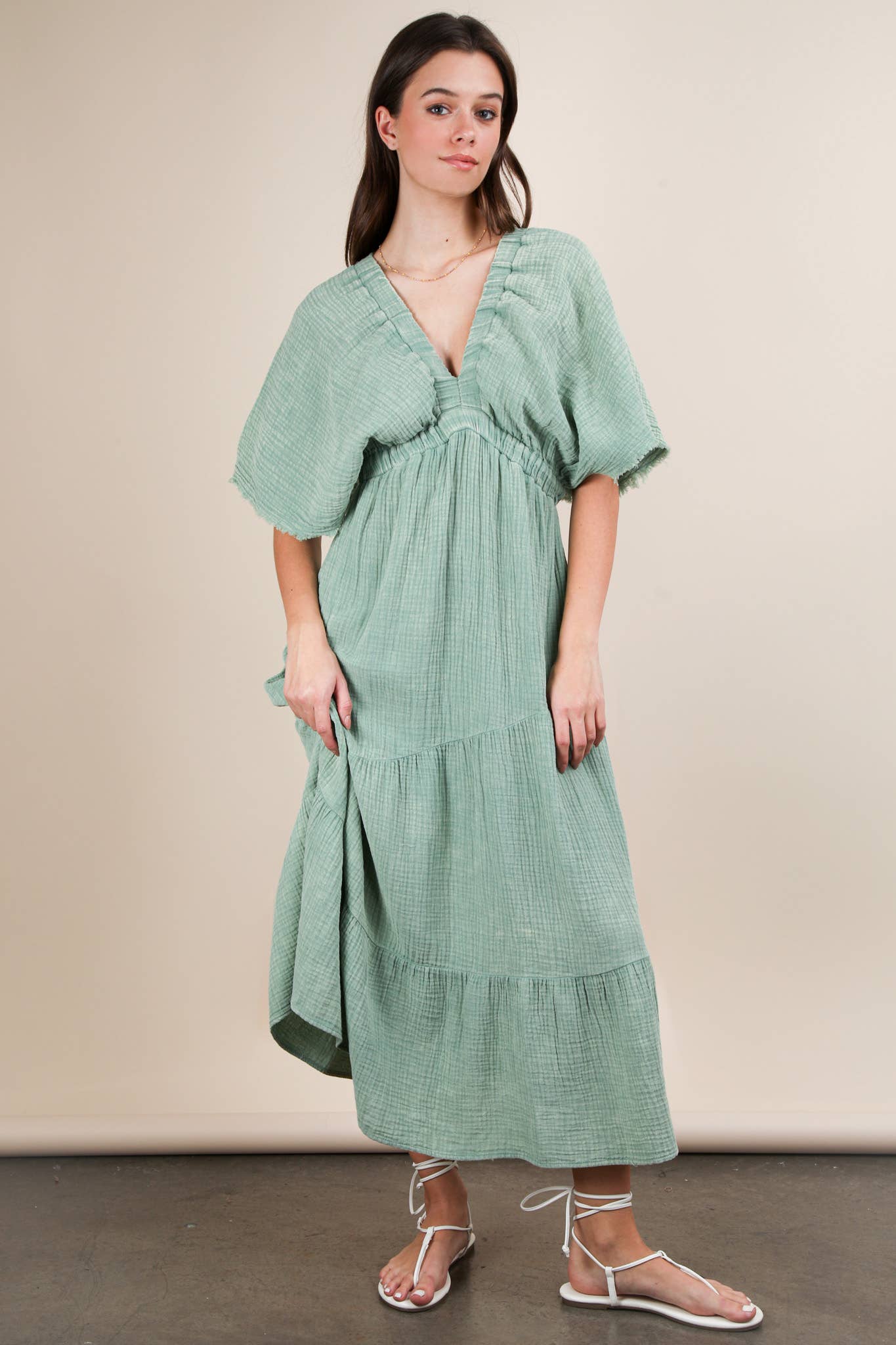 ND31584-Mineral Washed Elastic Neck Detail Midi Dress