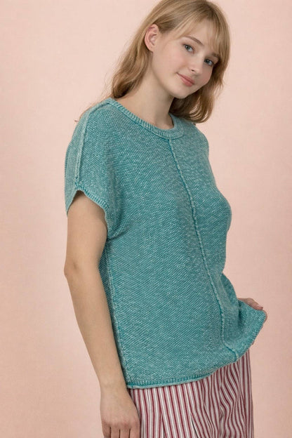 12W3342N-Mineral Washed Knit Casual Sweater Top