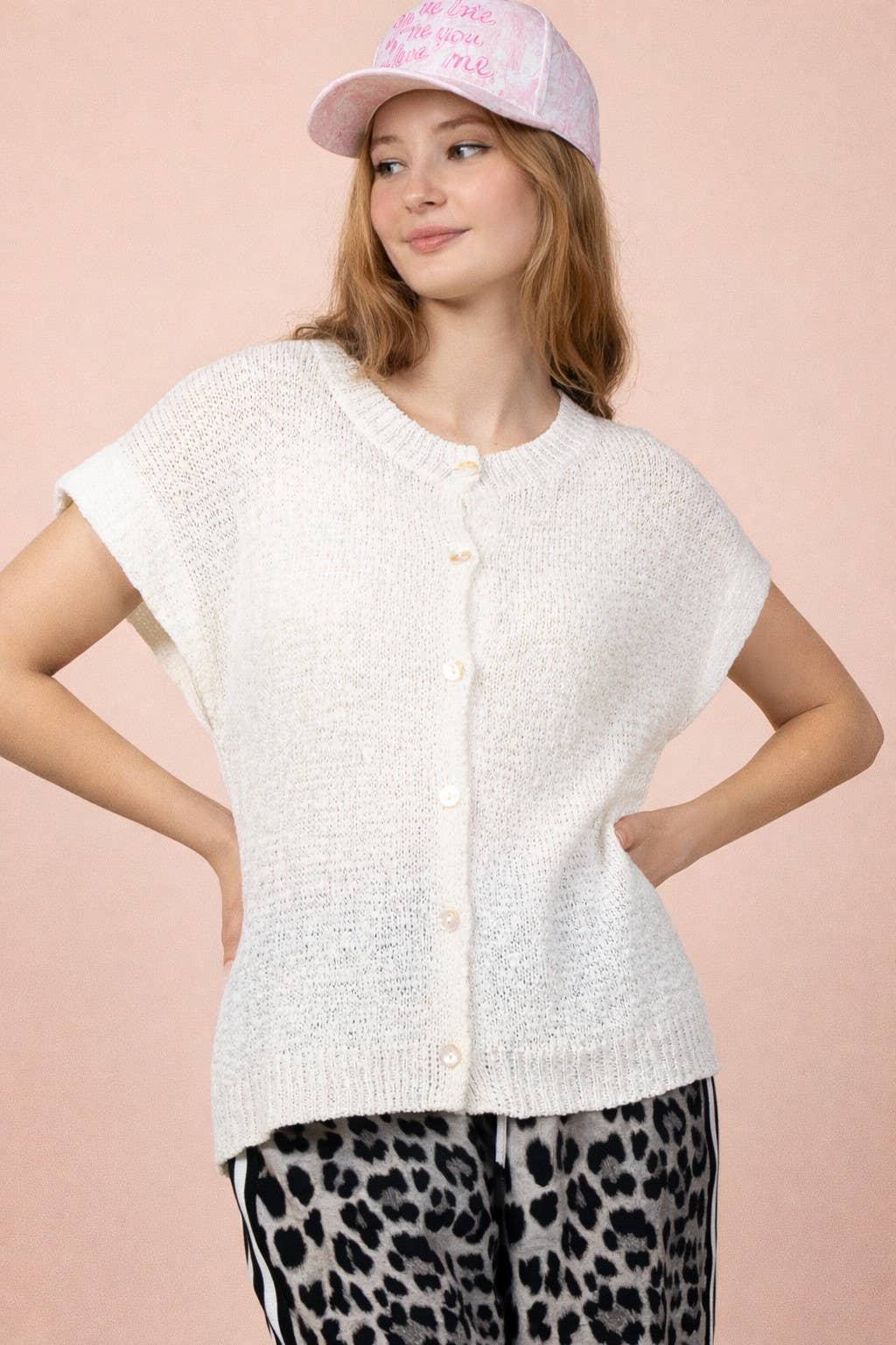 12W3653N-Button Down Solid Knit Summer Sweater Top