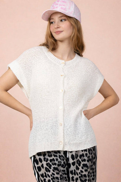 12W3653N-Button Down Solid Knit Summer Sweater Top