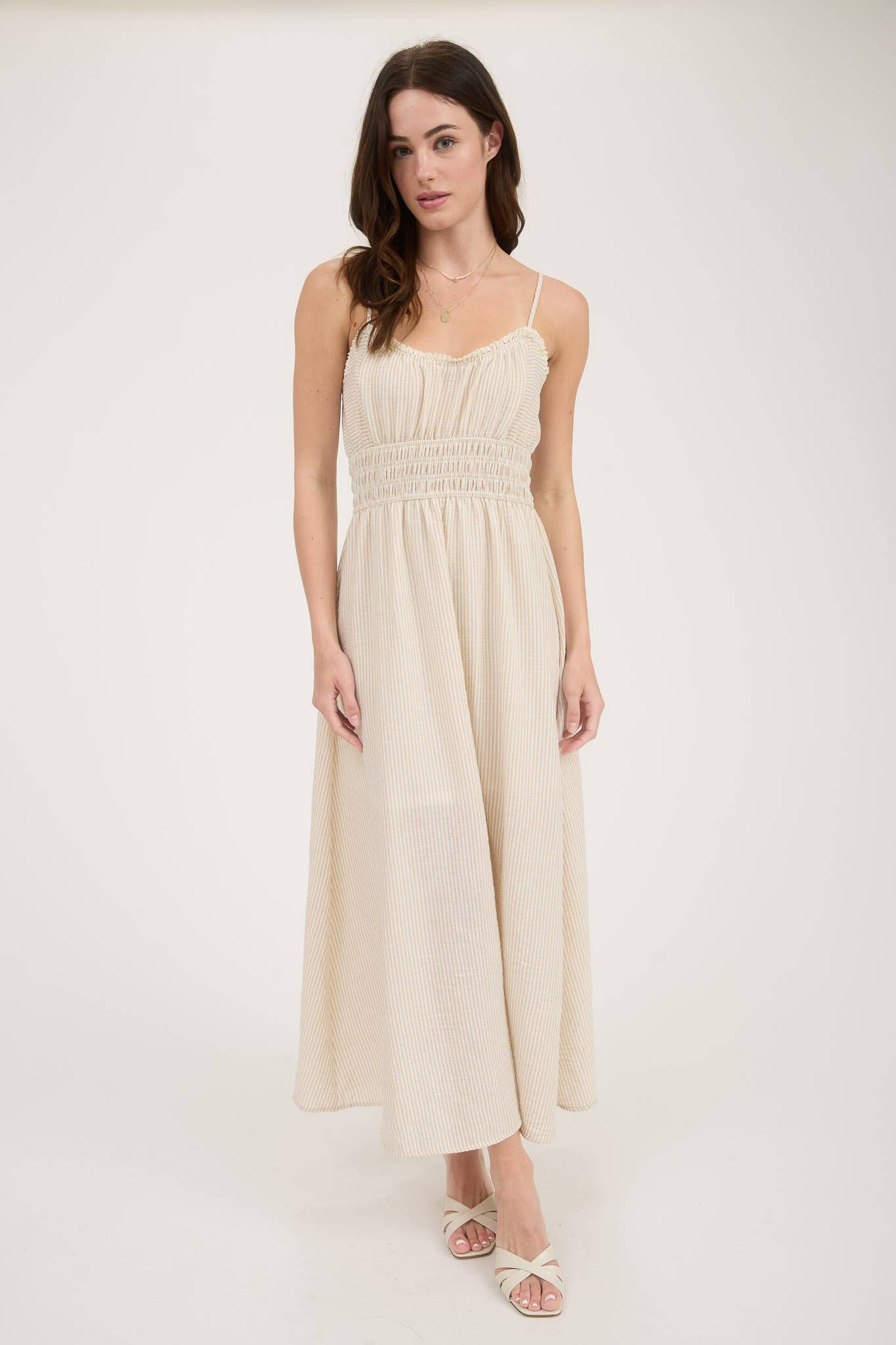 STRIPE LACE TRIM SPAGHETTI STRAP MIDI DRESS