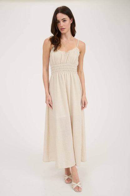 STRIPE LACE TRIM SPAGHETTI STRAP MIDI DRESS