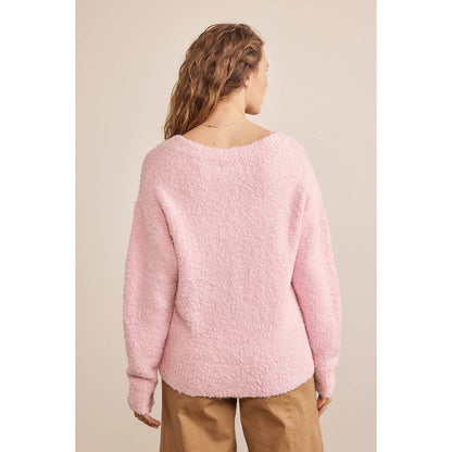 COZY RELAXED FIT V-NECK TEDDY BEAR SWEATER