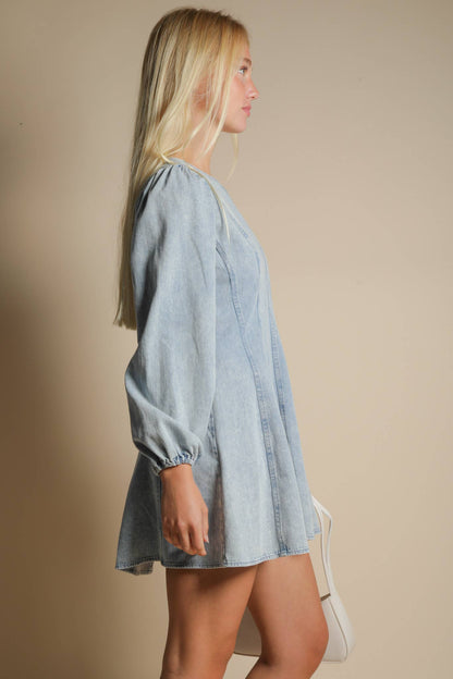 -Mineral Washed Denim Seam Detail Mini Dress