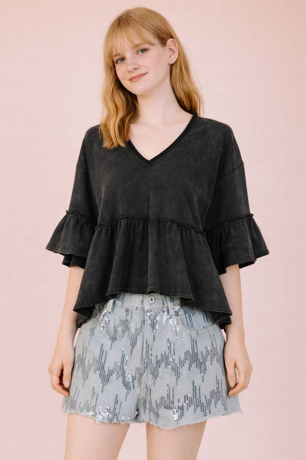 NT12430-Mineral Washed Ruffle Detail Knit Top