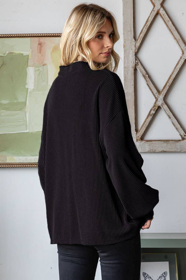 Solid Rib Drop Shoulder Button Balloon Sleeve Cardigan T5745