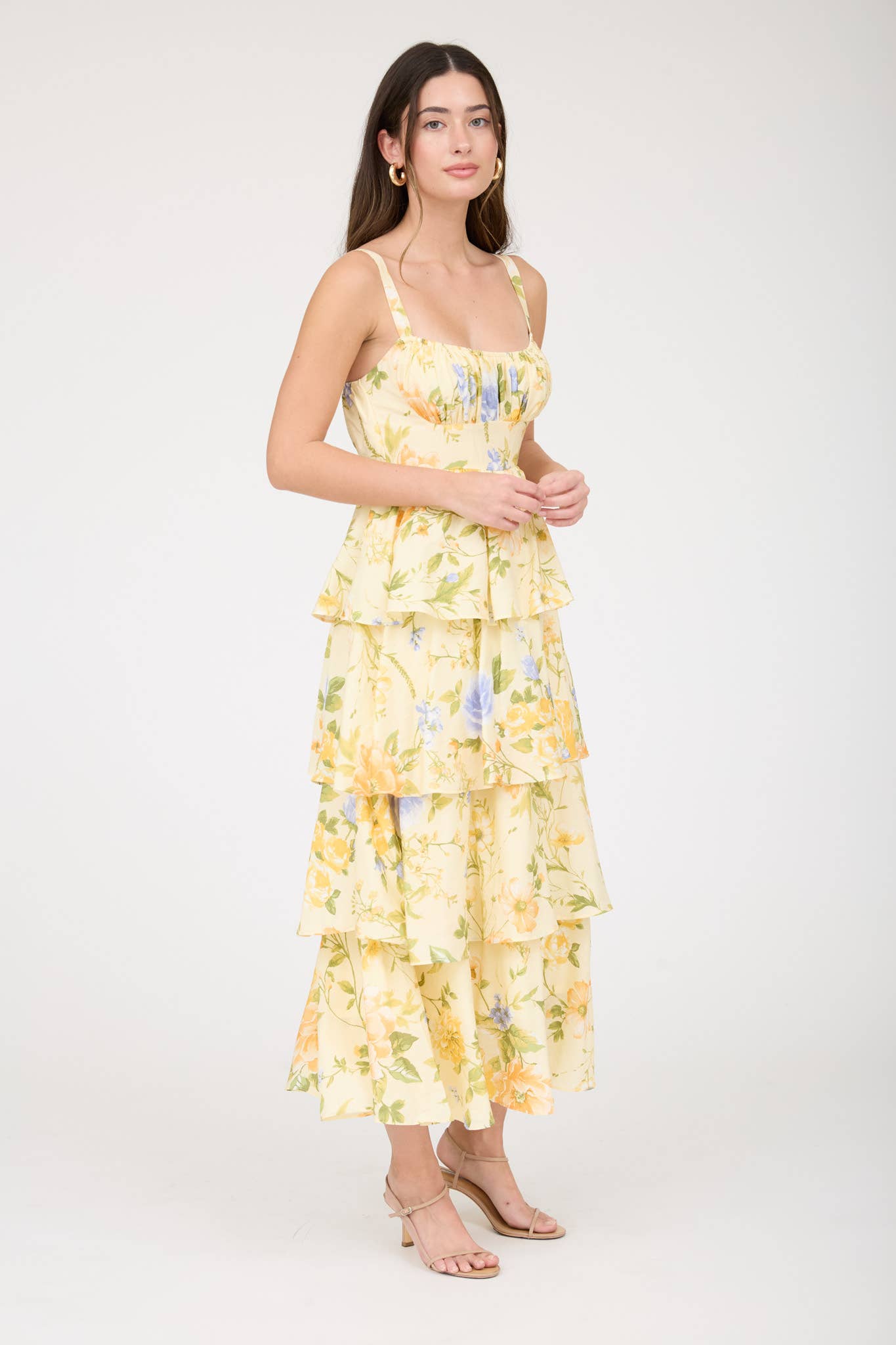 FLORAL SLEEVELESS RUFFLE TIERED SKIRT MIDI DRESS