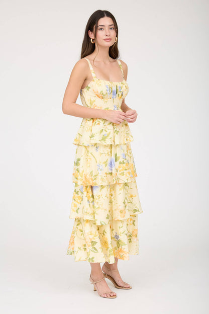 FLORAL SLEEVELESS RUFFLE TIERED SKIRT MIDI DRESS
