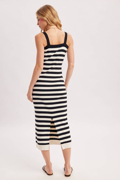 STRIPED SQUARE NECK SLEEVELESS KNIT MIDI DRESS