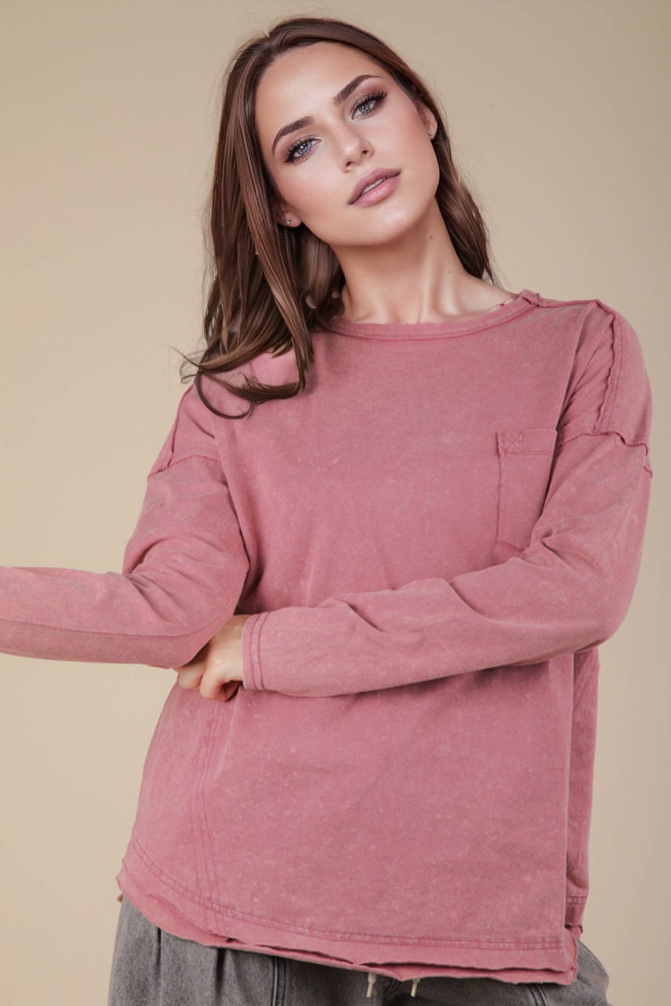 NT11817X-PLUS SIZE Mineral Washed Casual Knit Top