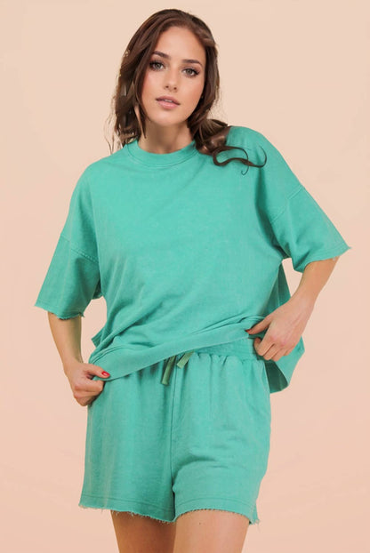 NT12429SET-Mineral Washed Knit Casual Top & Shorts