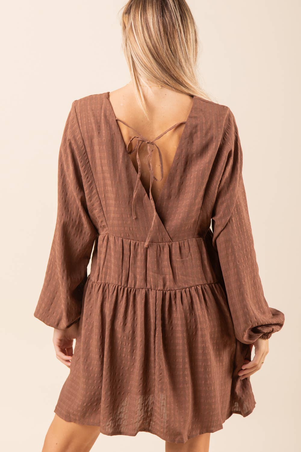 ND30996-Textured Woven Mini Dress W/ Back Tie