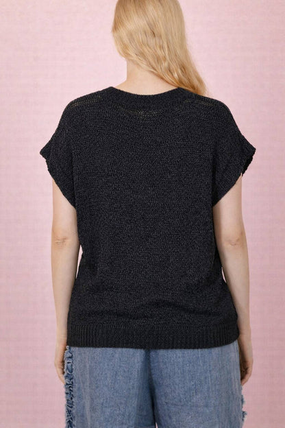 12W3653N-Button Down Solid Knit Summer Sweater Top