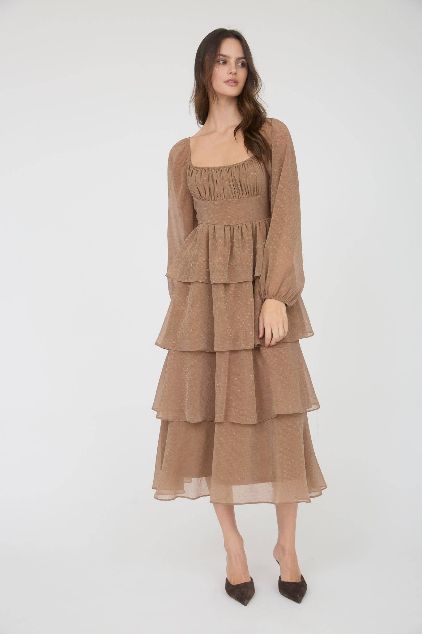 LUREX RUFFLE TIERED LONG SLEEVE MIDI DRESS