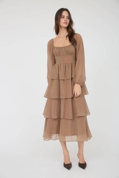 LUREX RUFFLE TIERED LONG SLEEVE MIDI DRESS