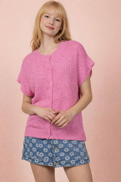 12W3653N-Button Down Solid Knit Summer Sweater Top