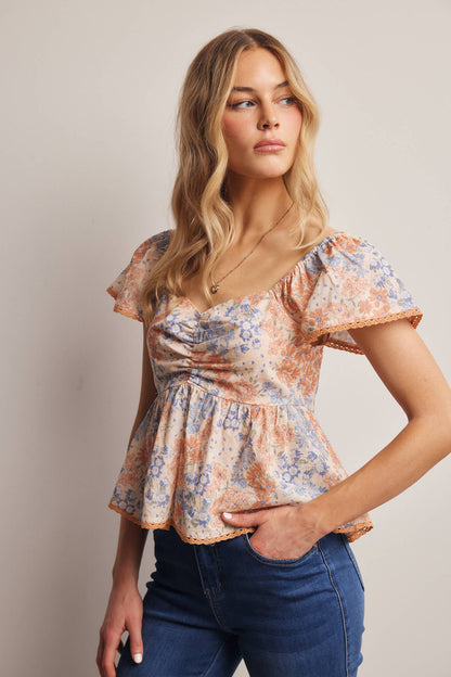 Floral Ruched Peplum Cotton Top FT0046