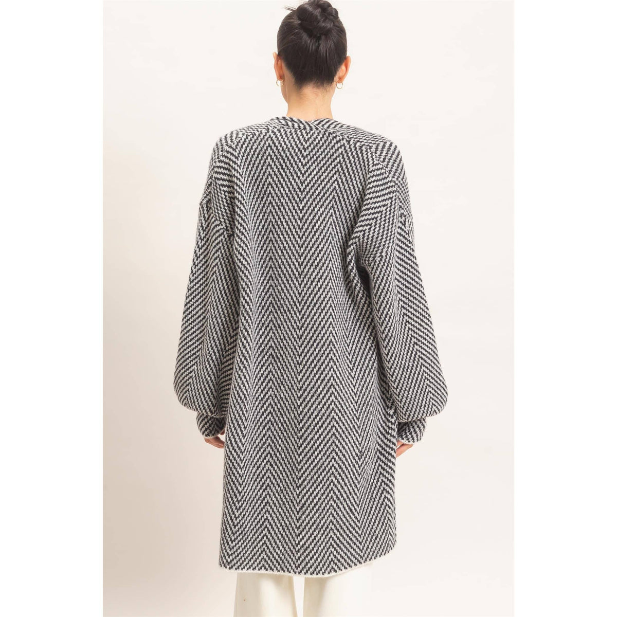 Herringbone Pattern Open-Front Cardigan