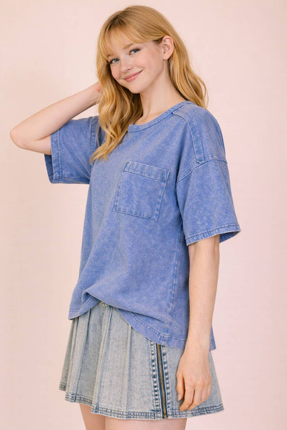 NT11108-Mineral Washed Knit Top with Pocket