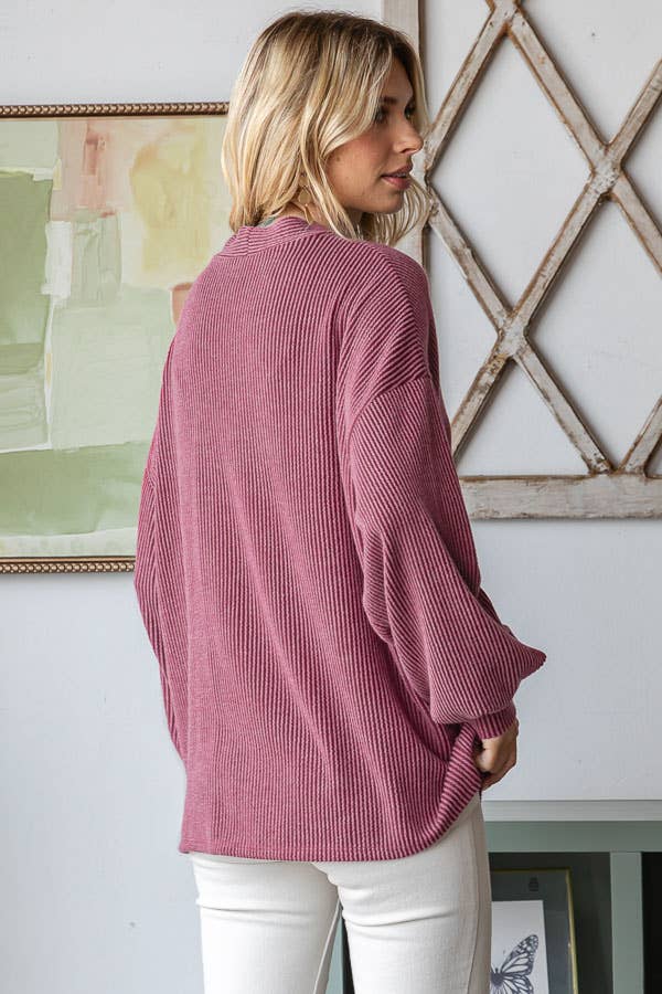 Solid Rib Drop Shoulder Button Balloon Sleeve Cardigan T5745