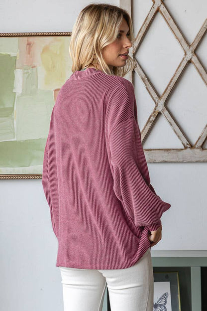 Solid Rib Drop Shoulder Button Balloon Sleeve Cardigan T5745
