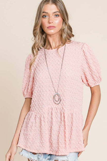 Solid Bubble Textured Short Sleeve Peplum Blouse