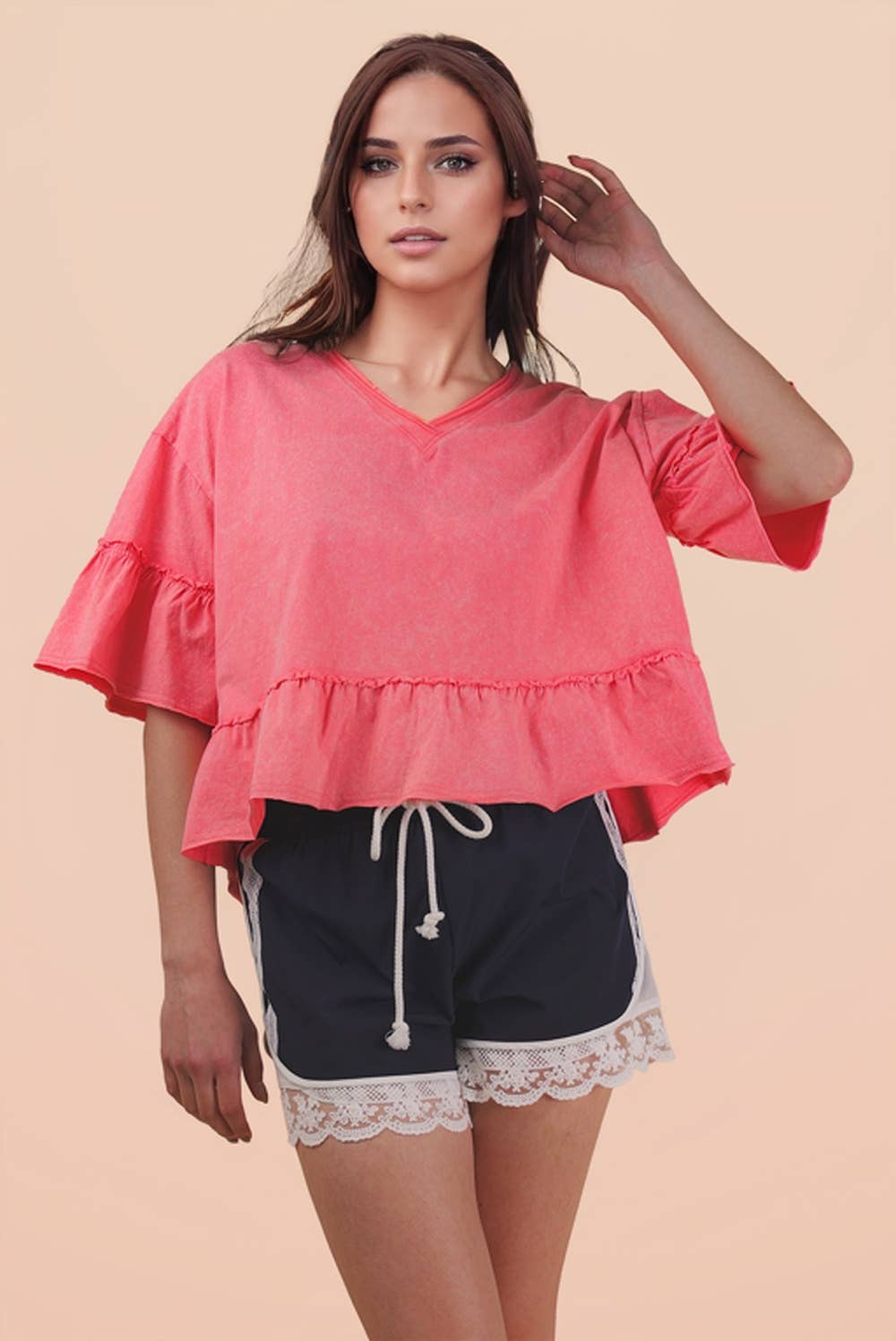 NT12430-Mineral Washed Ruffle Detail Knit Top