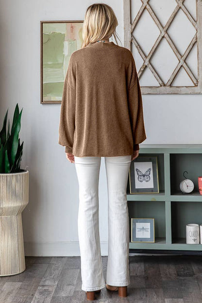 Solid Rib Drop Shoulder Button Balloon Sleeve Cardigan T5745