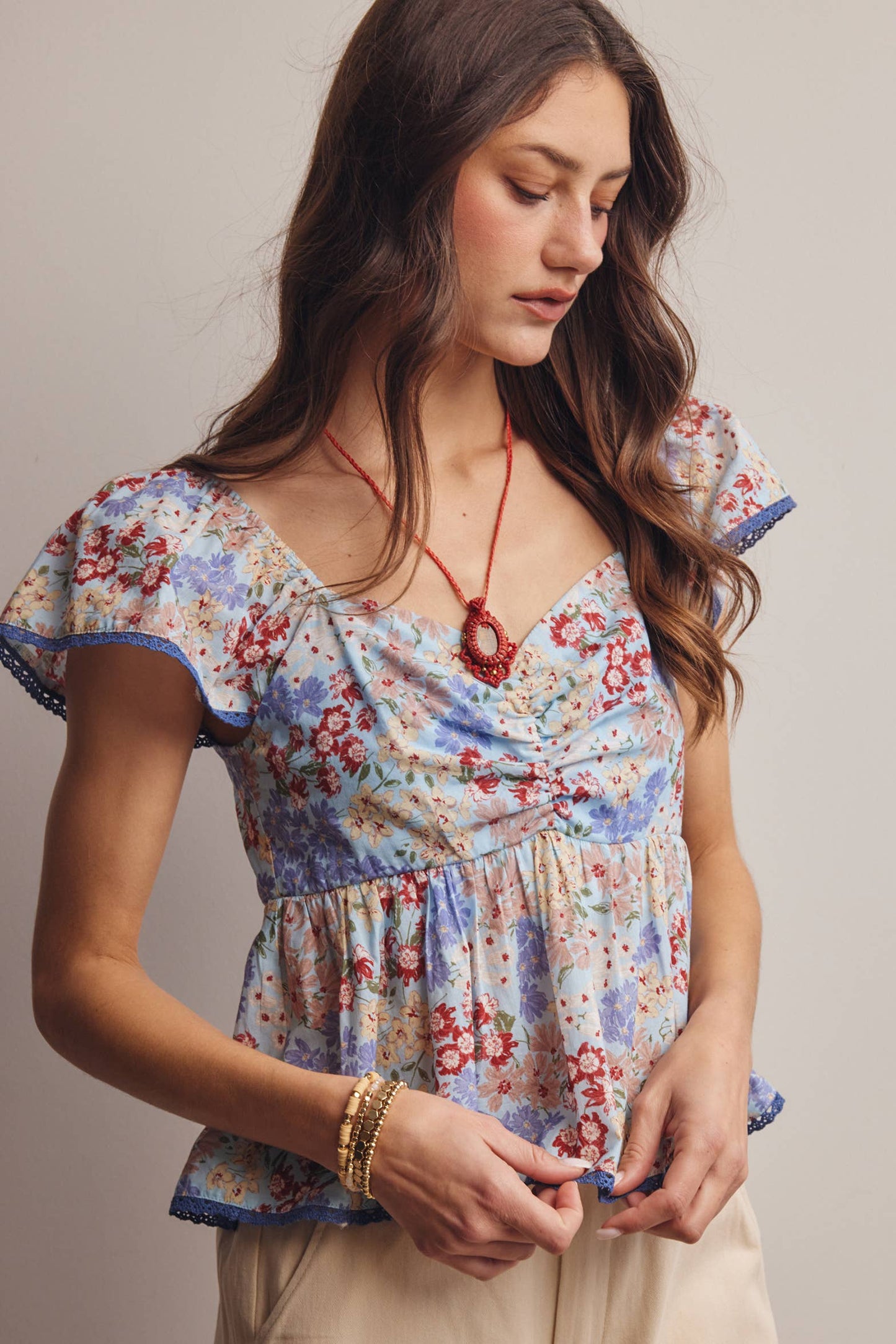 Floral Ruched Peplum Cotton Top FT0046