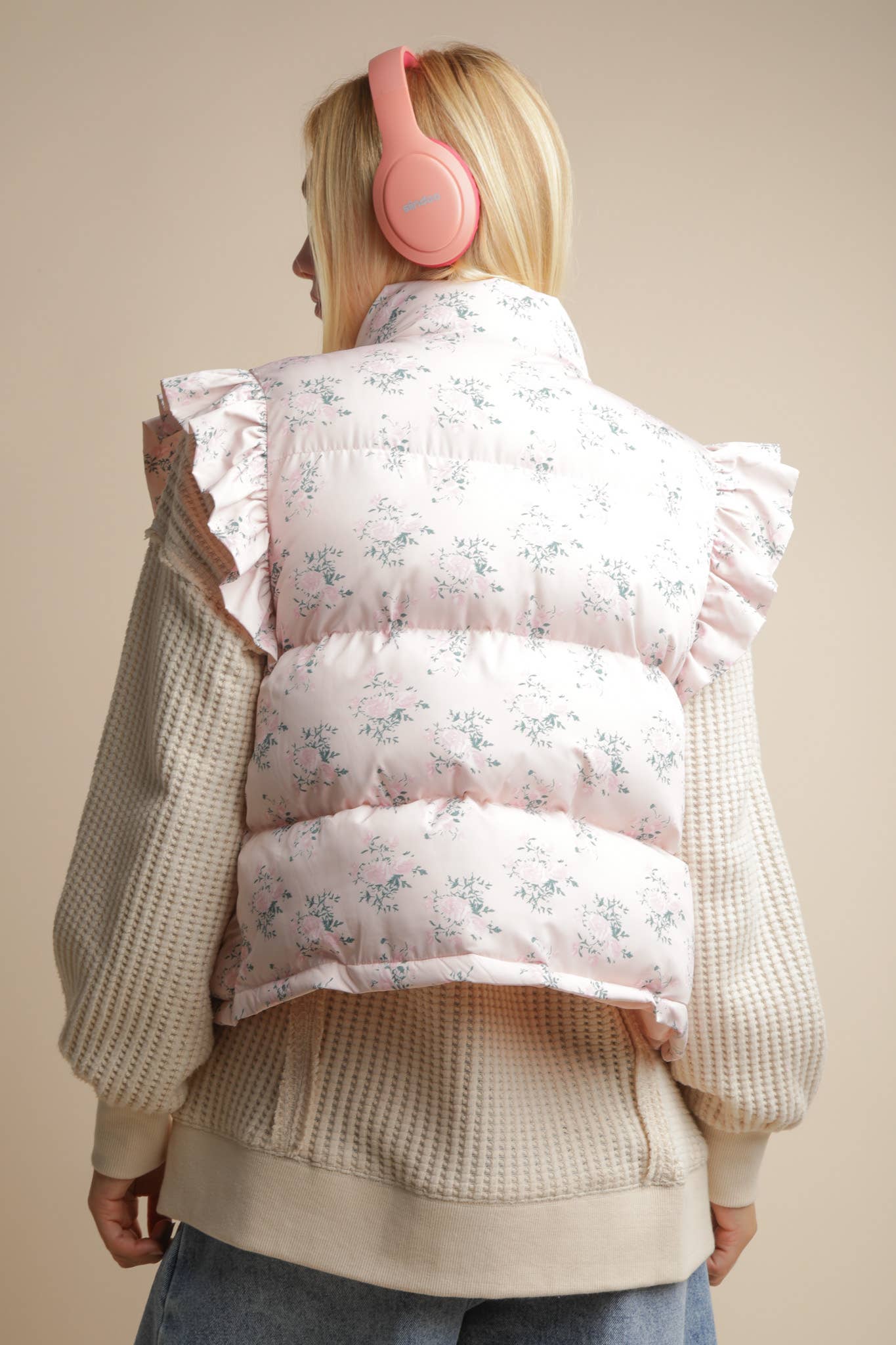 NJ90385-Front Bow Ruffle Sleeve Puffer Vest