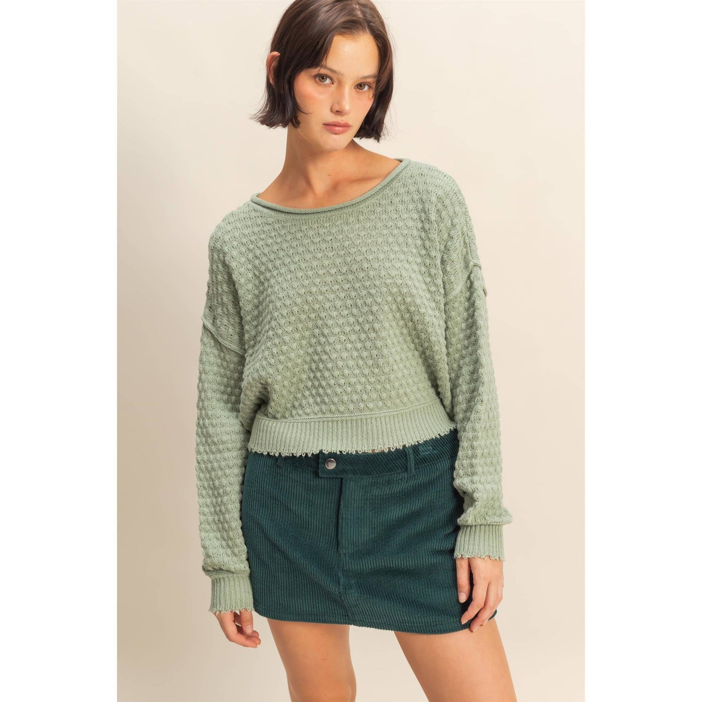 Textured Round Neck Long Sleeve Sweater