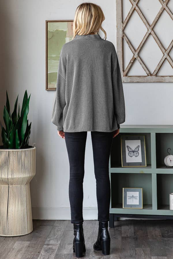 Solid Rib Drop Shoulder Button Balloon Sleeve Cardigan T5745