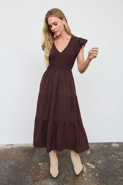 FLUTTER SLEEVE V NECK SMOCKED MIDI DRESS