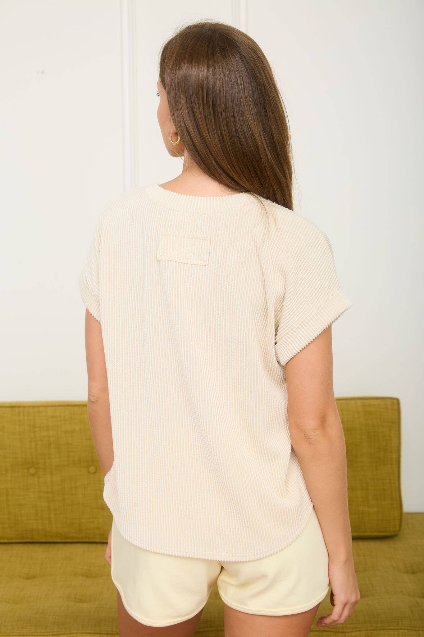 RIBBED CREW NECK SHORT CUFF SLEEVE KNIT TOP