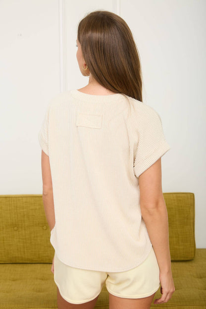 RIBBED CREW NECK SHORT CUFF SLEEVE KNIT TOP