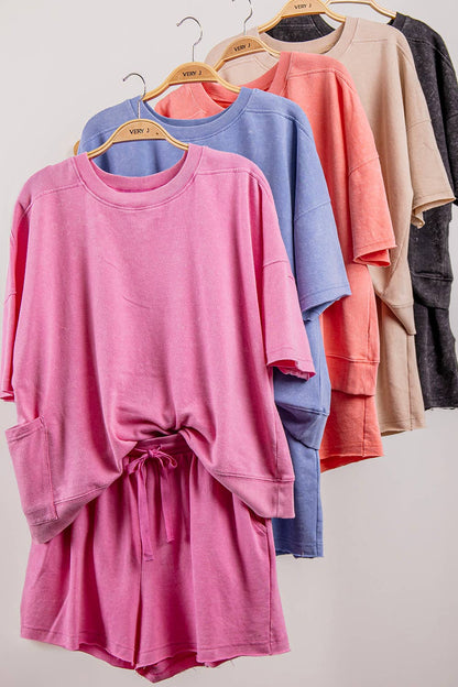 NT12429SET-Mineral Washed Knit Casual Top & Shorts