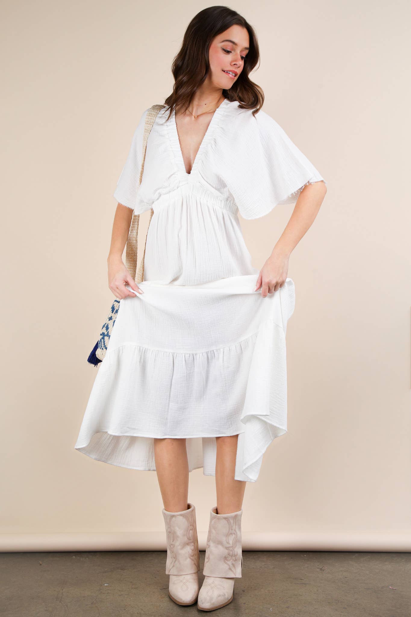 ND31584-Mineral Washed Elastic Neck Detail Midi Dress