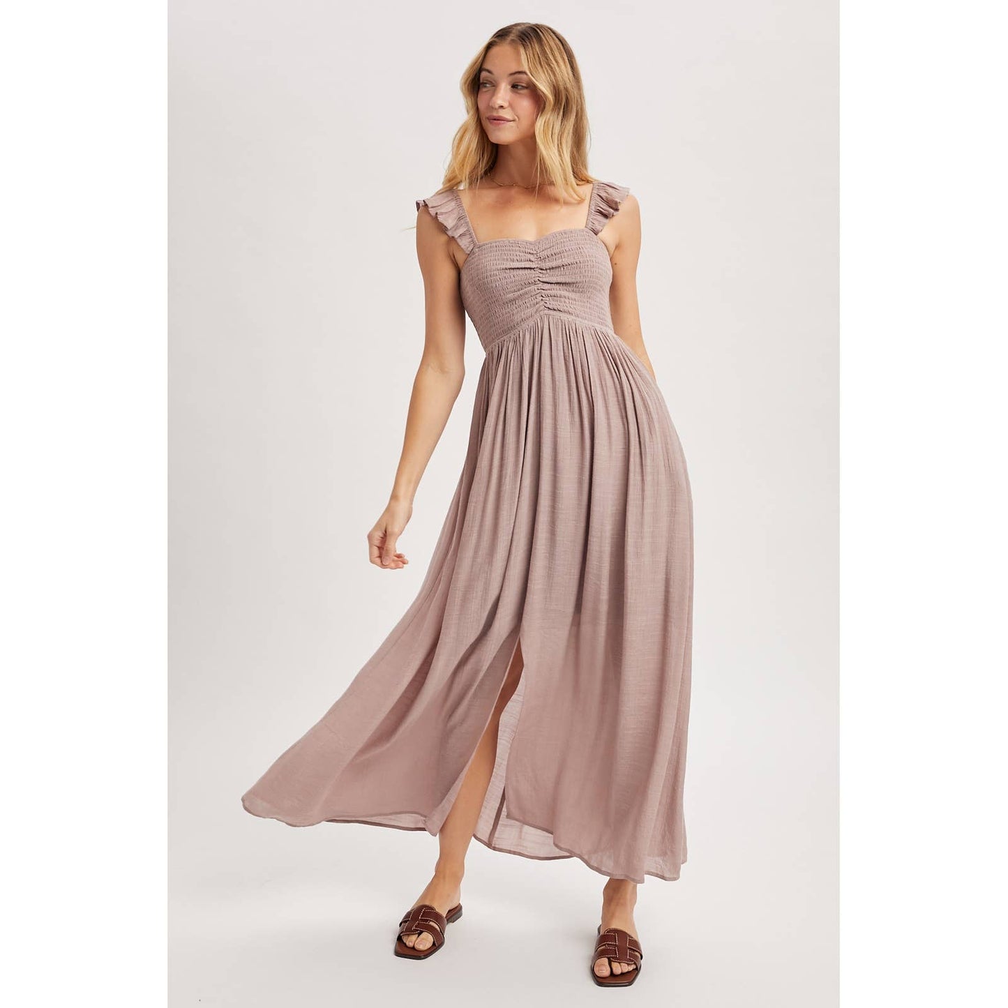 RUFFLE SLEEVE FRONT SLIT MAXI DRESS / WL25-12355