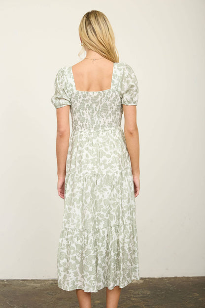 FLORAL PUFF SLEEVE SMOCKED TIERED MIDI DRESS